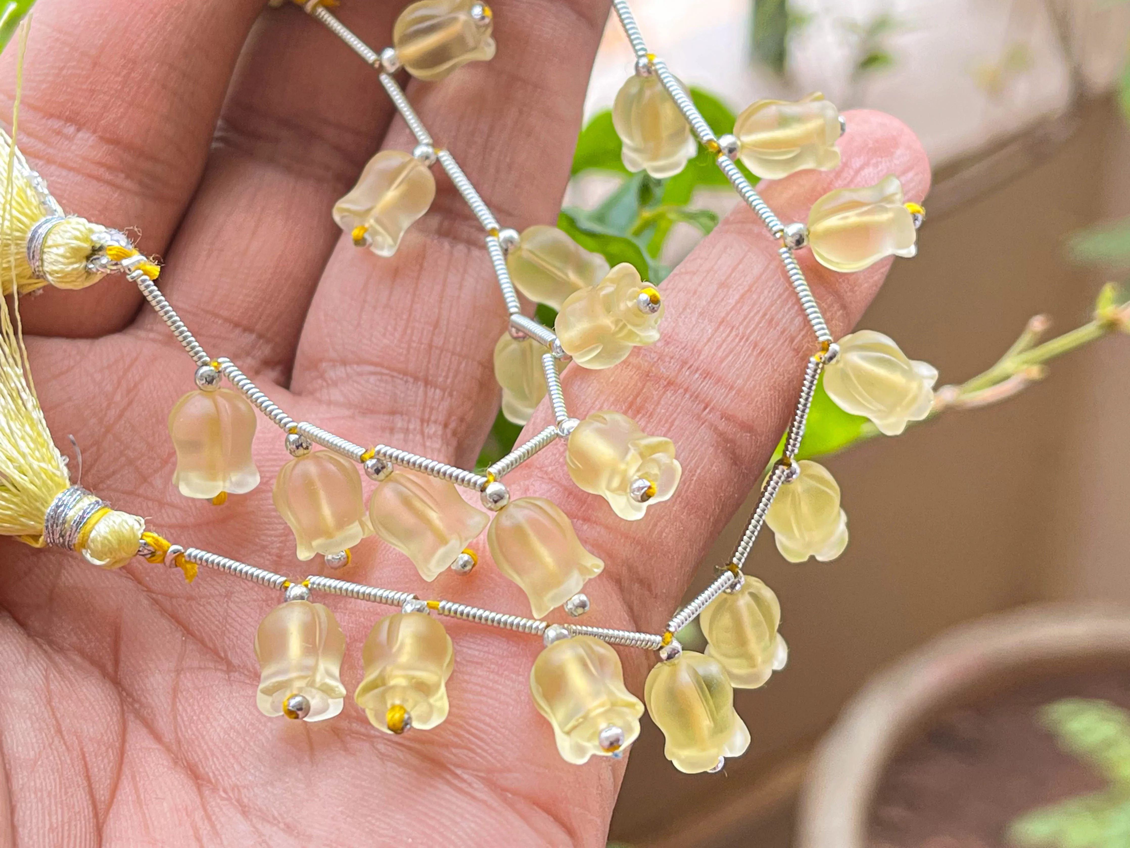 Frost Lemon Quartz flower carving Lily of the valley shape beads