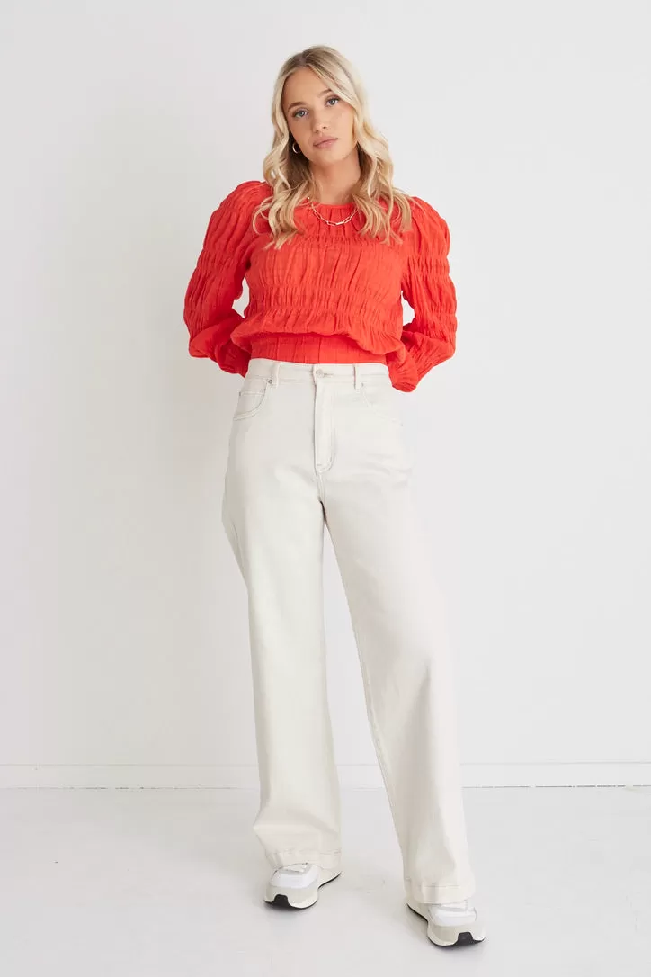 Grace Blood Orange Shirred Cotton Tie Back Ls Top