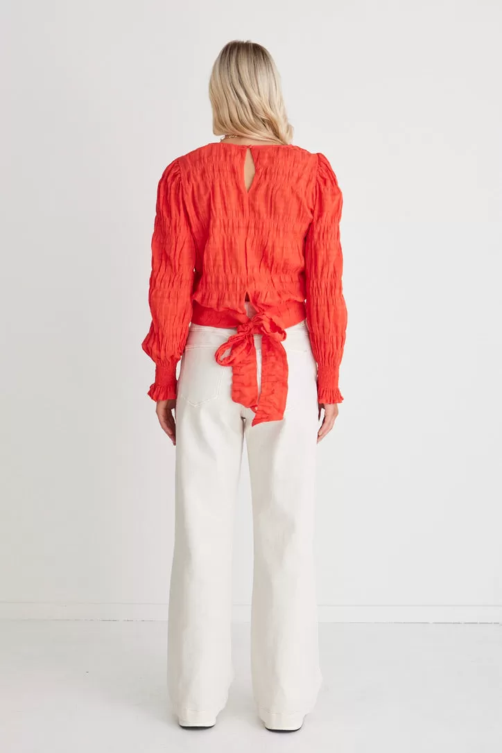 Grace Blood Orange Shirred Cotton Tie Back Ls Top