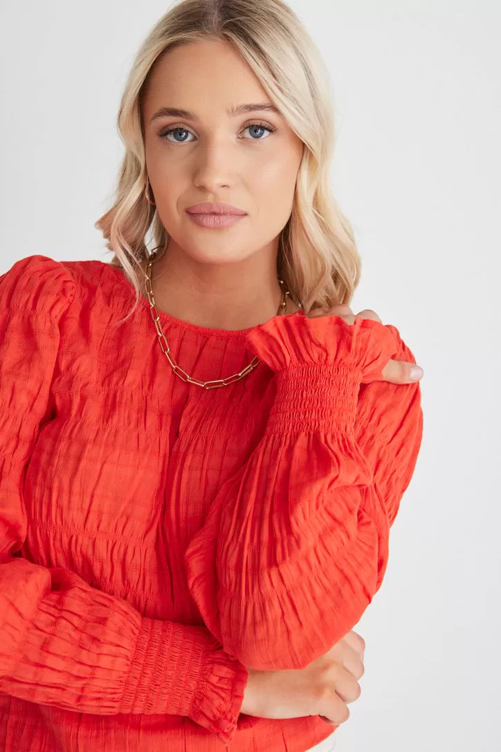 Grace Blood Orange Shirred Cotton Tie Back Ls Top