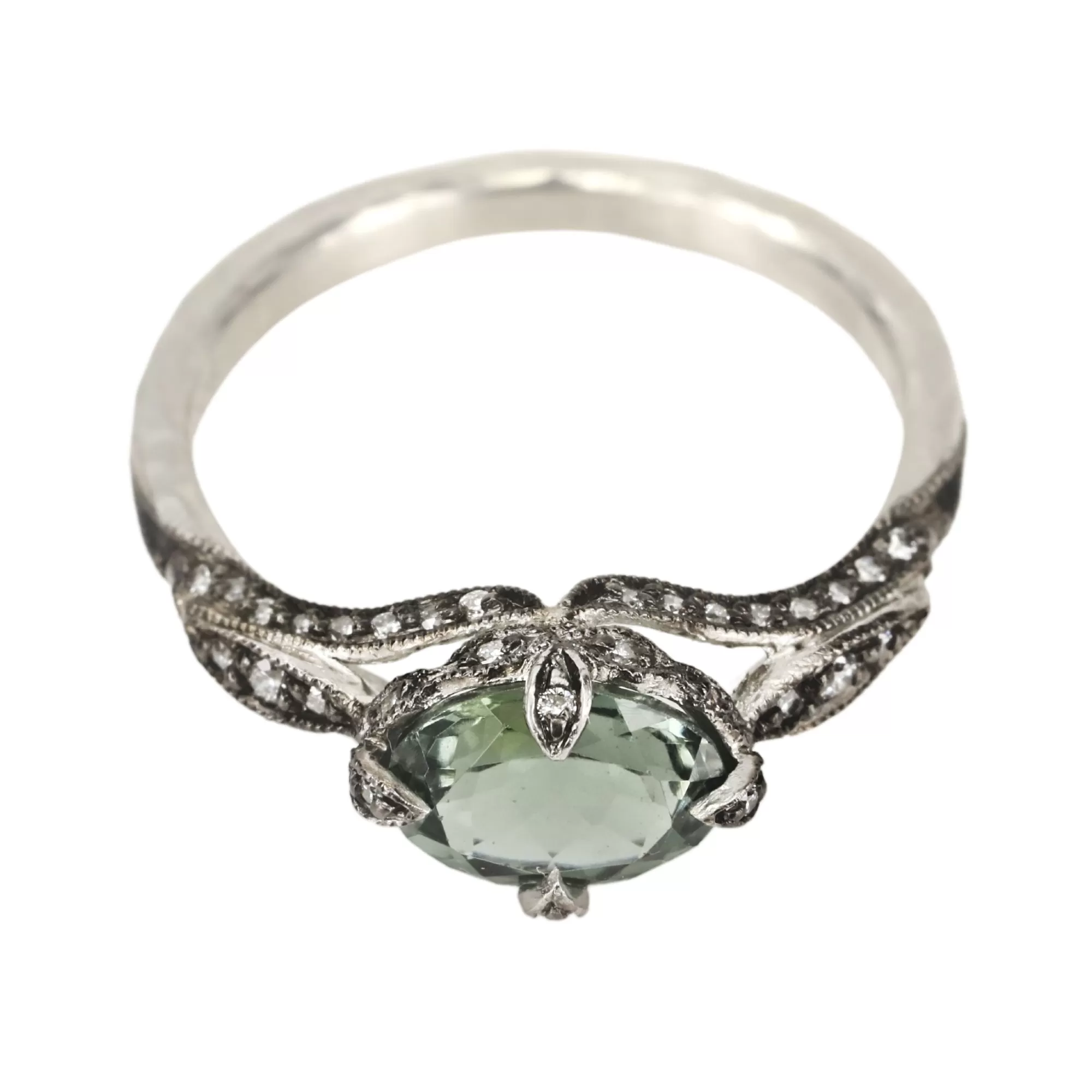 Green Tourmaline Petal Side Ring in Platinum & Diamond