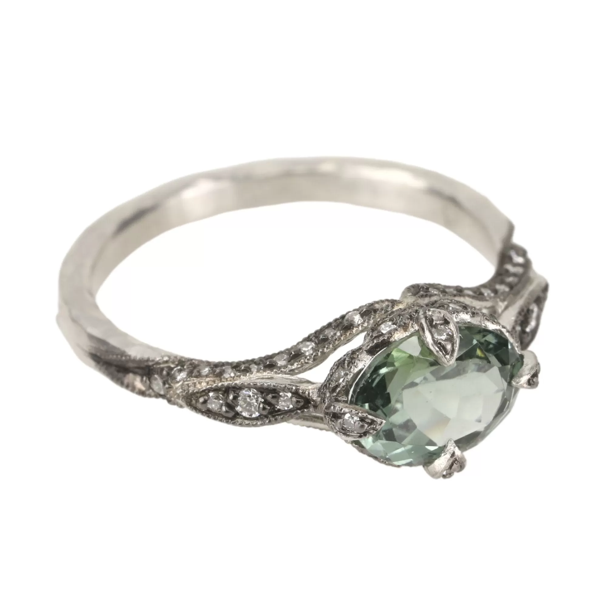 Green Tourmaline Petal Side Ring in Platinum & Diamond