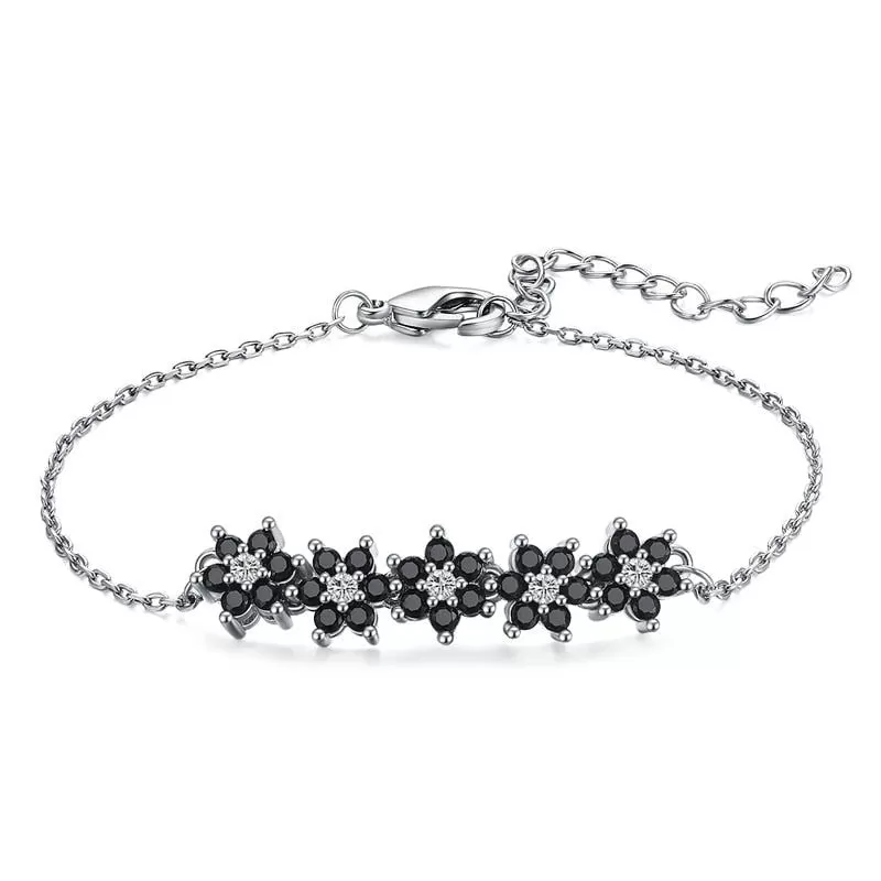 GZ314 - Silver Color Bracelet with Black Flowers - Charm Jewelry