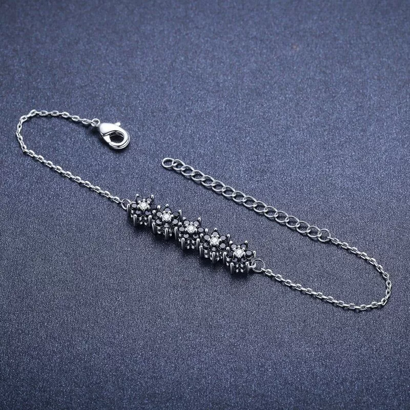 GZ314 - Silver Color Bracelet with Black Flowers - Charm Jewelry