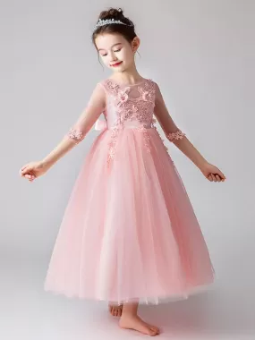 Half Sleeves Pearl Pink Flower Girl Dresses Jewel Neck Bows Kids Party Dresses