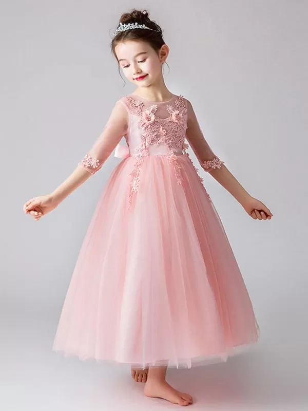 Half Sleeves Pearl Pink Flower Girl Dresses Jewel Neck Bows Kids Party Dresses