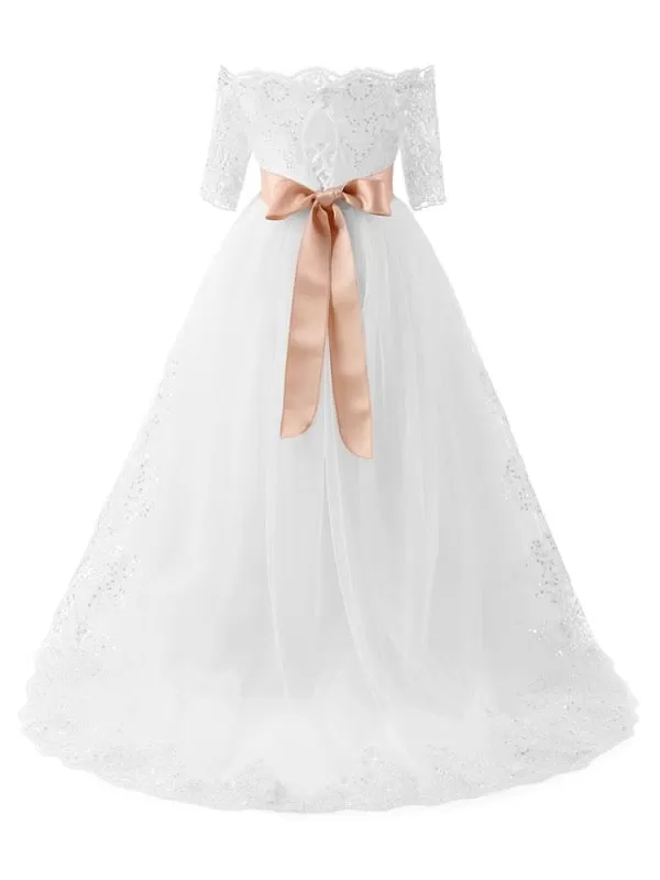 Half Sleeves White Tulle Lace Flower Girl Dresses Bateau Beads Princess Pageant Dresses for Kids