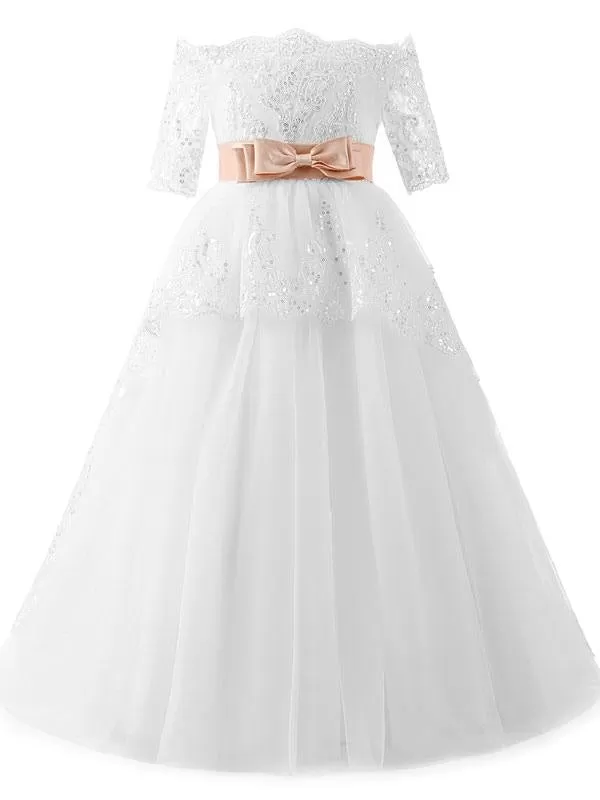 Half Sleeves White Tulle Lace Flower Girl Dresses Bateau Beads Princess Pageant Dresses for Kids