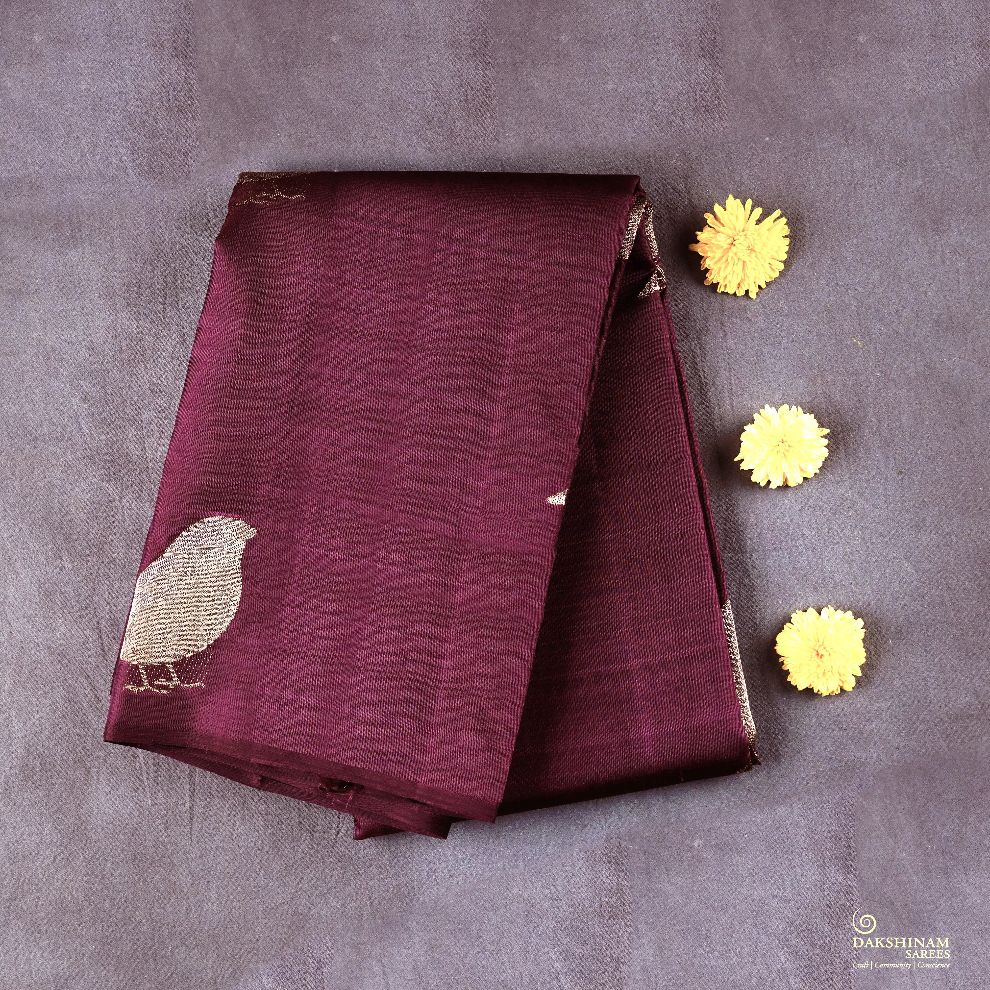 Handwoven Burgundy with Maroon Kanjivaram Silk Saree - 1942T008963DSC