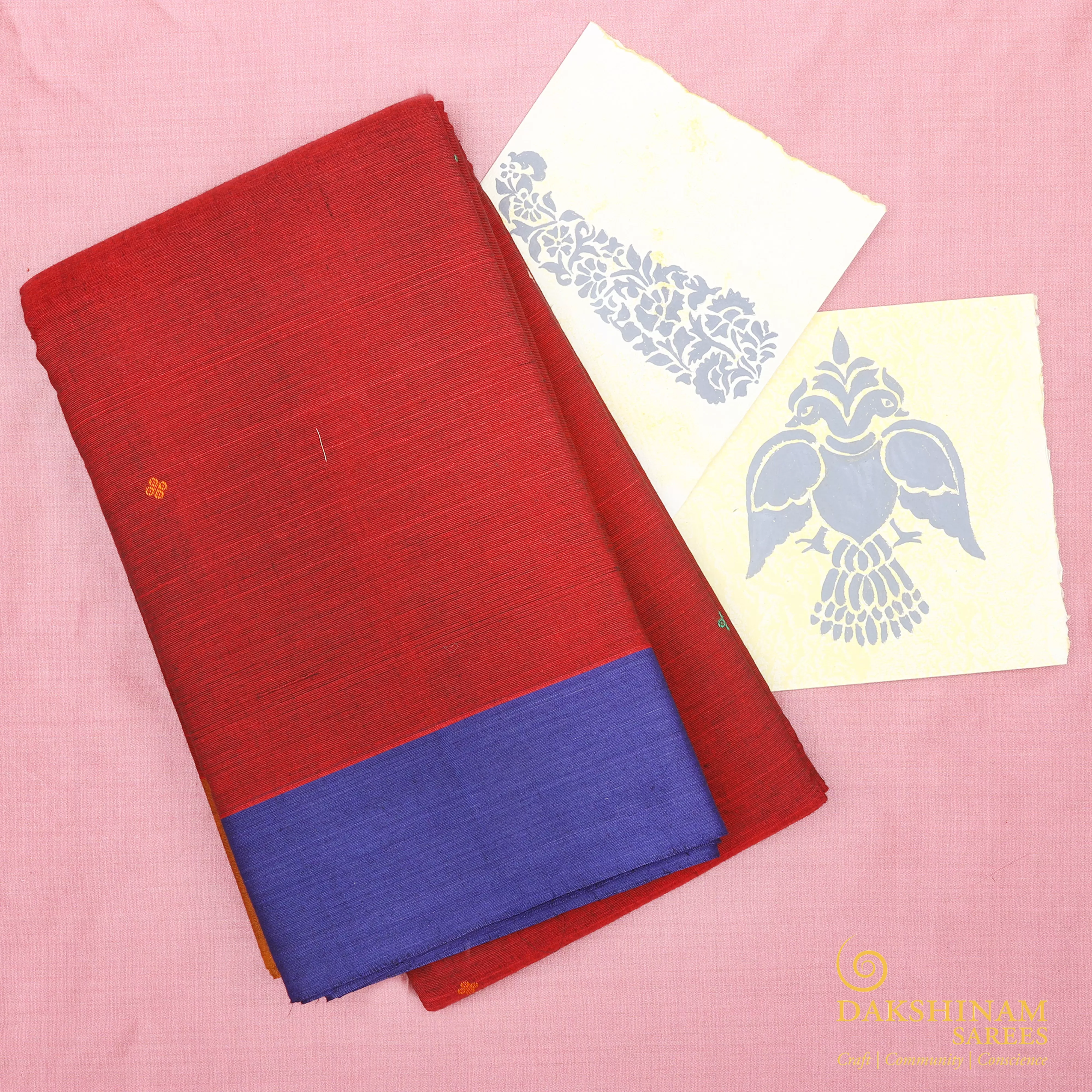 Handwoven Maroon with Yellow and Blue Kanjivaram Cotton Saree - 1001T001903DSC