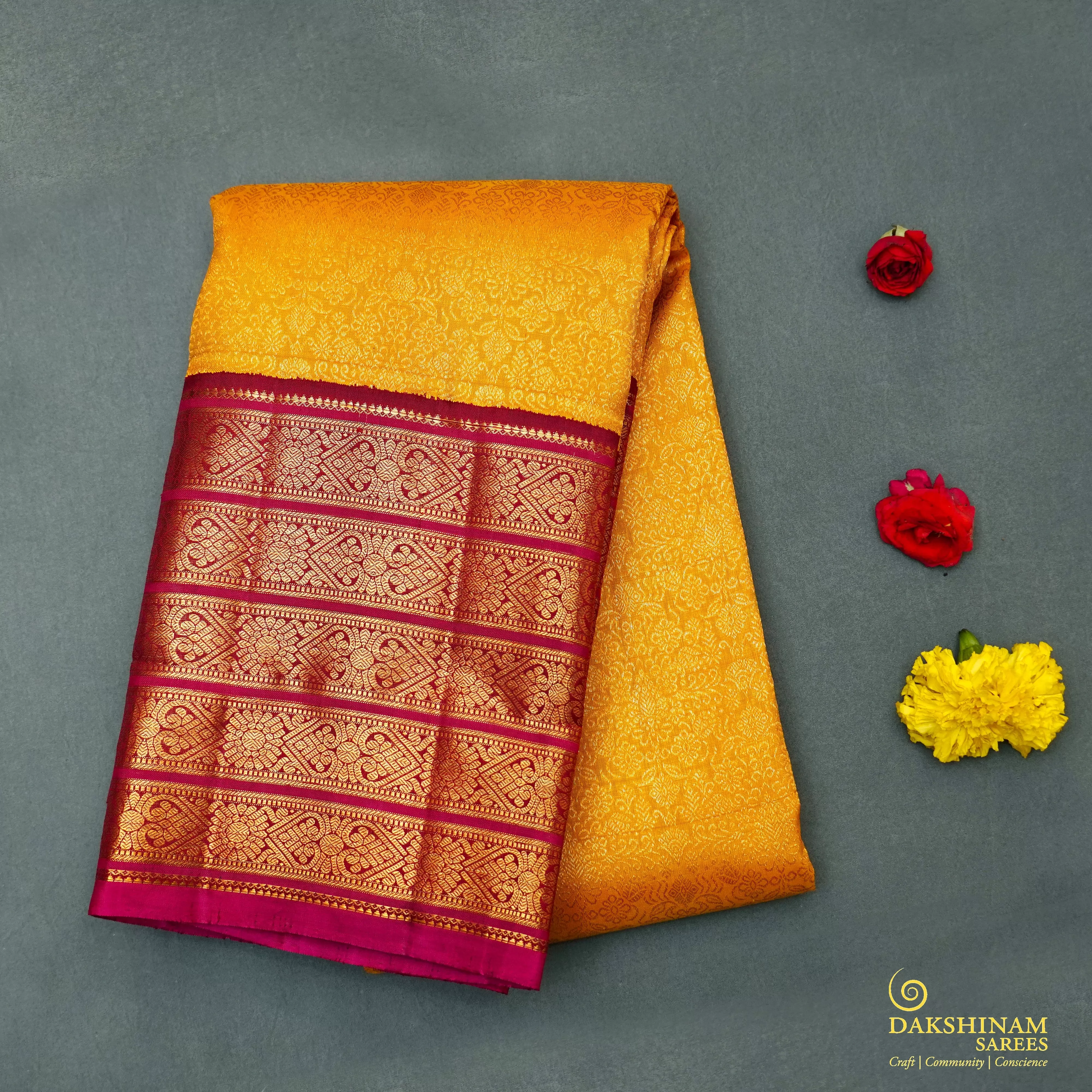 Handwoven Mustard Orange with Maroon Kanjivaram Silk Saree - 1899T008681DSC