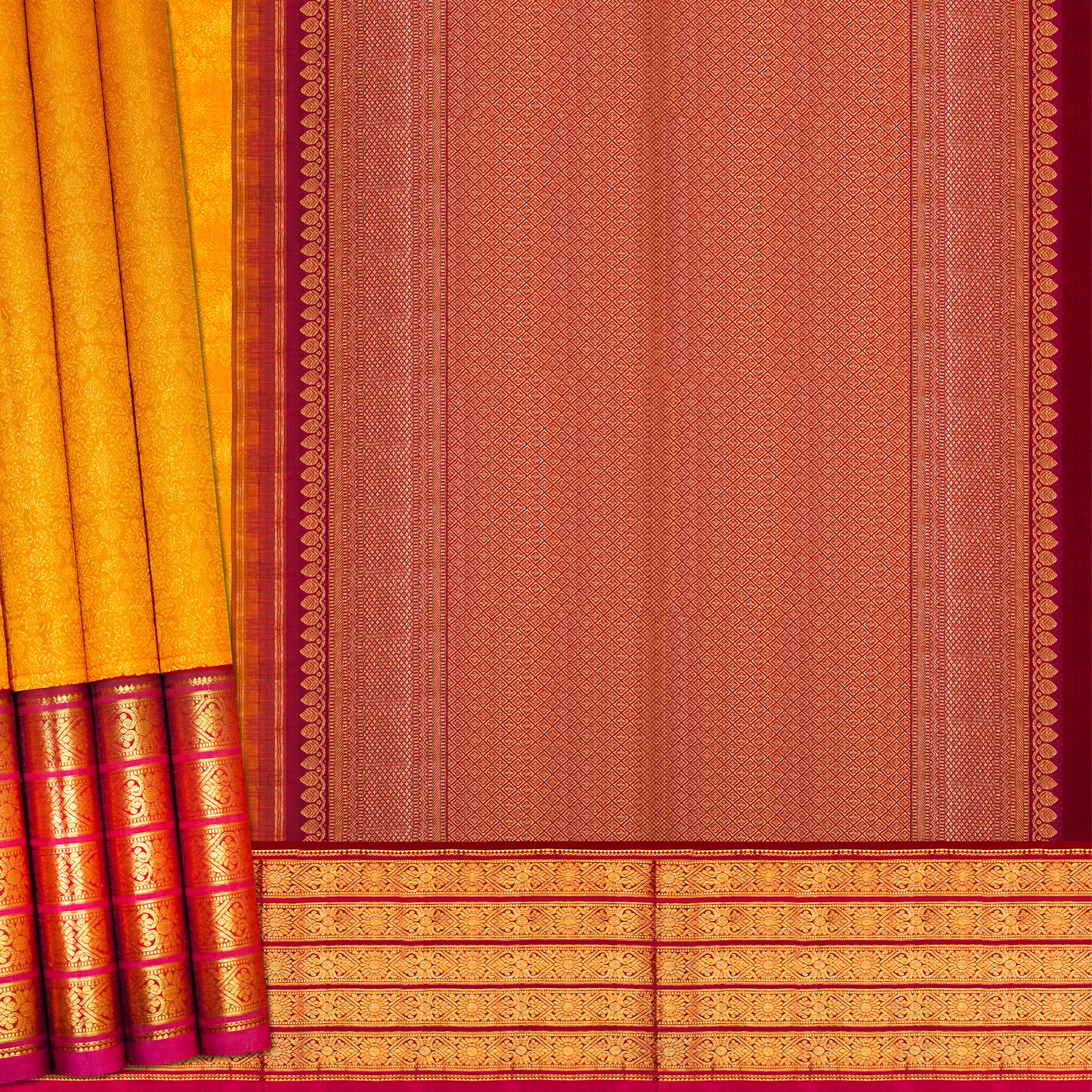 Handwoven Mustard Orange with Maroon Kanjivaram Silk Saree - 1899T008681DSC