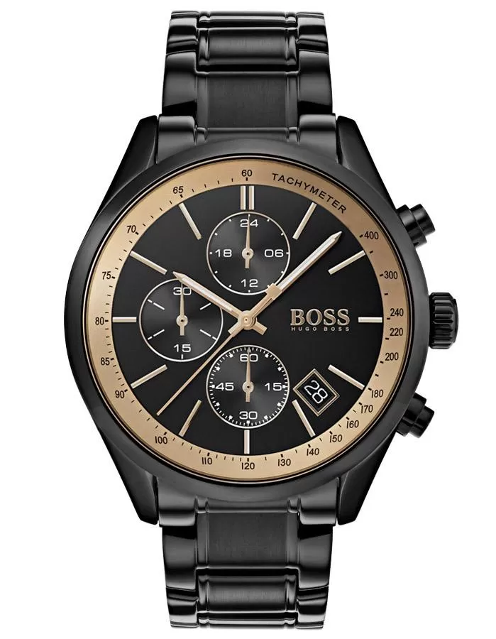 Hugo Boss Mens Grand Prix Watch - Black Metal - Chronographs - Date - Bracelet