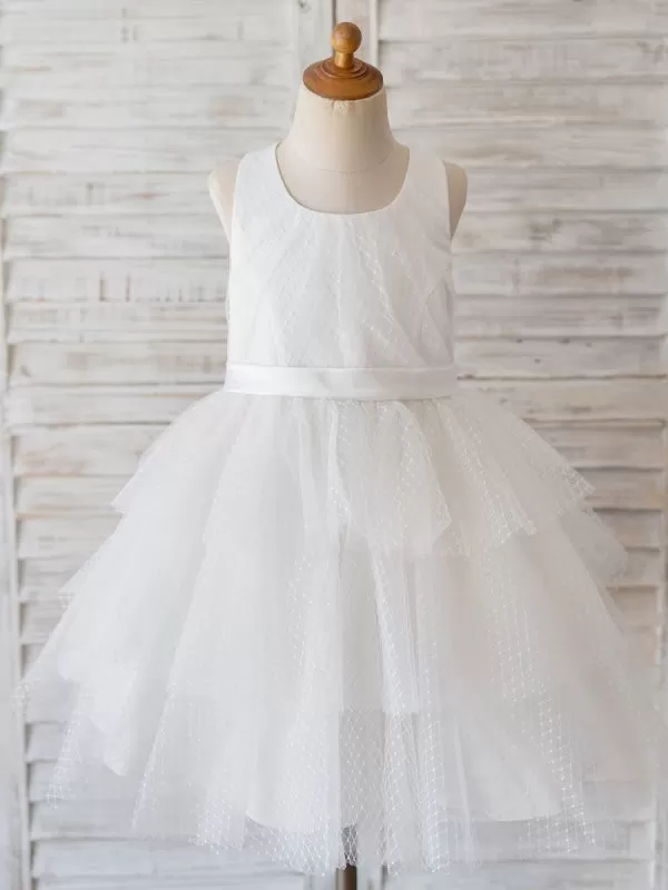 Jewel Neck Sleeveless Tulle Bows Kids Flower Girl Dresses