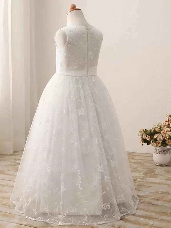 Jewel Neck Sleeveless White Flower Girl Dresses Floral Lace Tulle Long Dress for Party