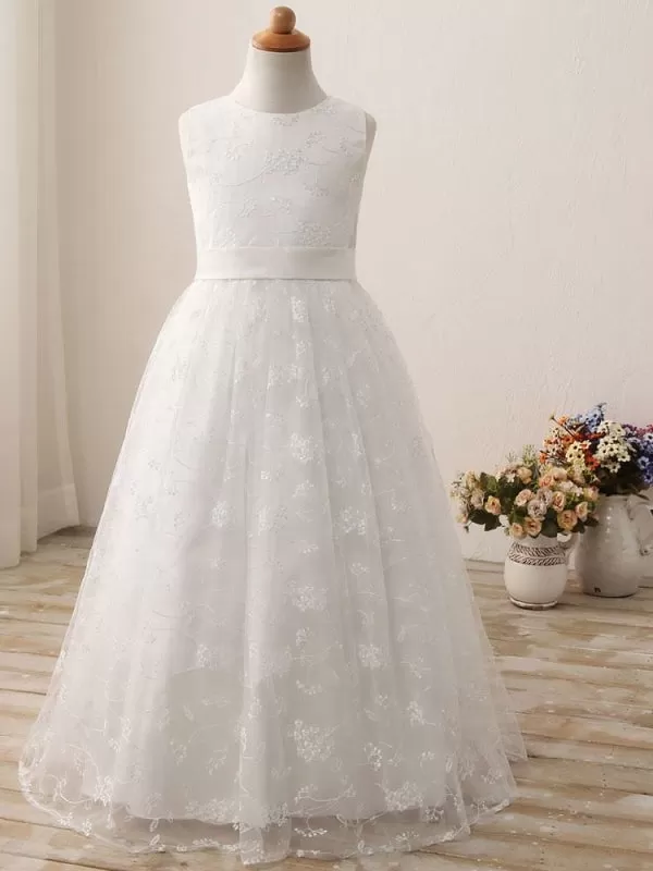 Jewel Neck Sleeveless White Flower Girl Dresses Floral Lace Tulle Long Dress for Party