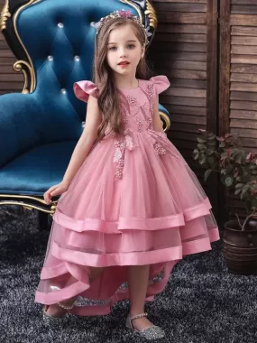 Jewel Neck Tulle Sleeveless 3D Floral Princess Hi-LoFlower Girl Dress With Train