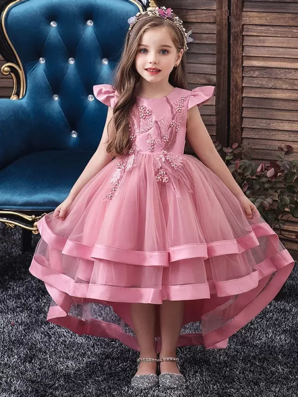 Jewel Neck Tulle Sleeveless 3D Floral Princess Hi-LoFlower Girl Dress With Train