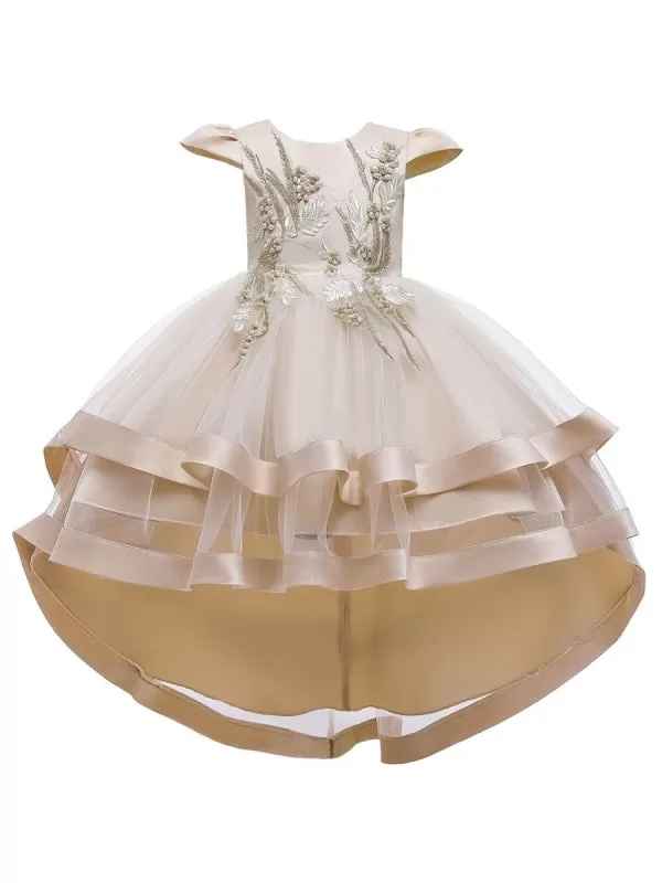 Jewel Neck Tulle Sleeveless 3D Floral Princess Hi-LoFlower Girl Dress With Train