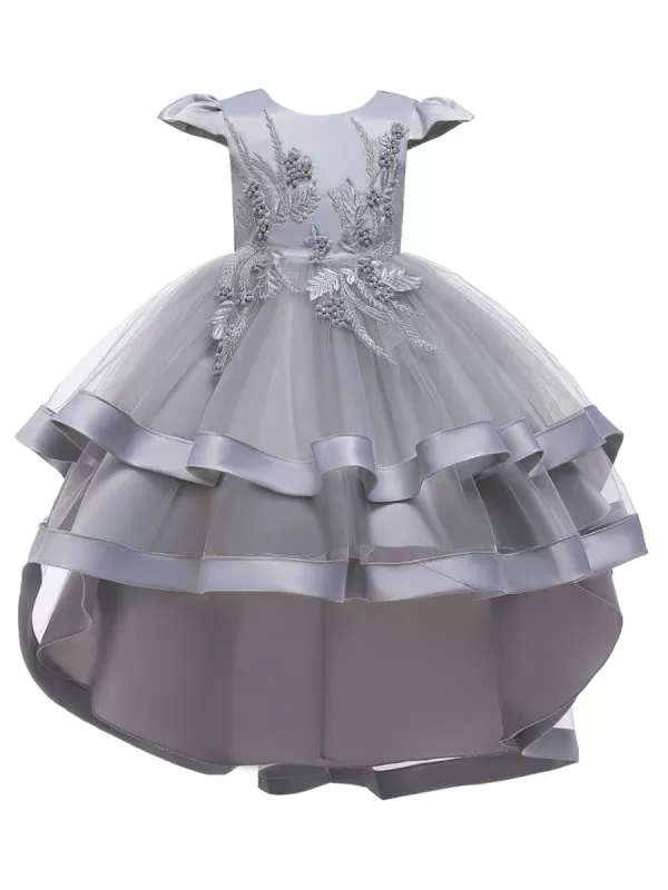 Jewel Neck Tulle Sleeveless 3D Floral Princess Hi-LoFlower Girl Dress With Train