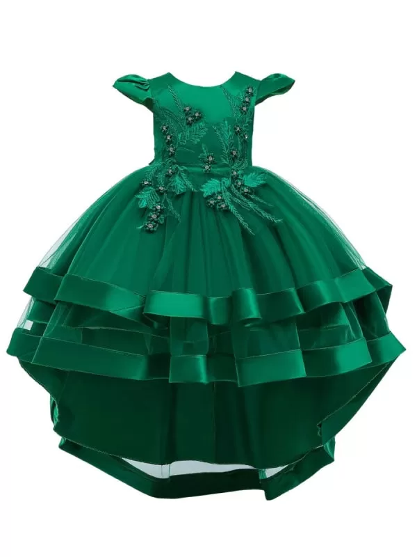 Jewel Neck Tulle Sleeveless 3D Floral Princess Hi-LoFlower Girl Dress With Train