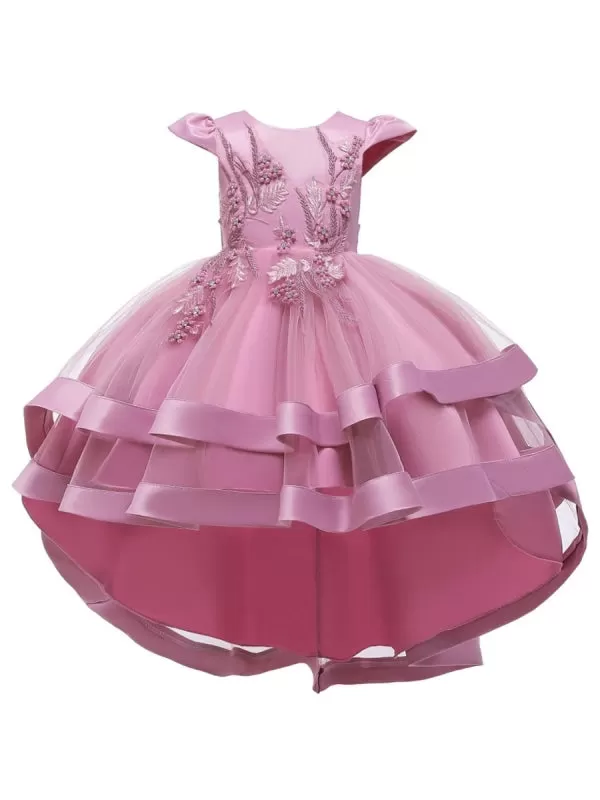 Jewel Neck Tulle Sleeveless 3D Floral Princess Hi-LoFlower Girl Dress With Train