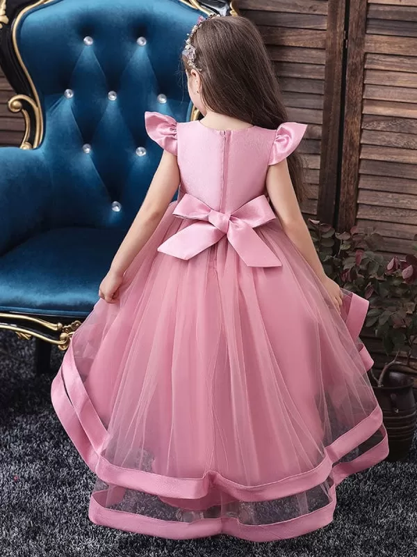 Jewel Neck Tulle Sleeveless 3D Floral Princess Hi-LoFlower Girl Dress With Train