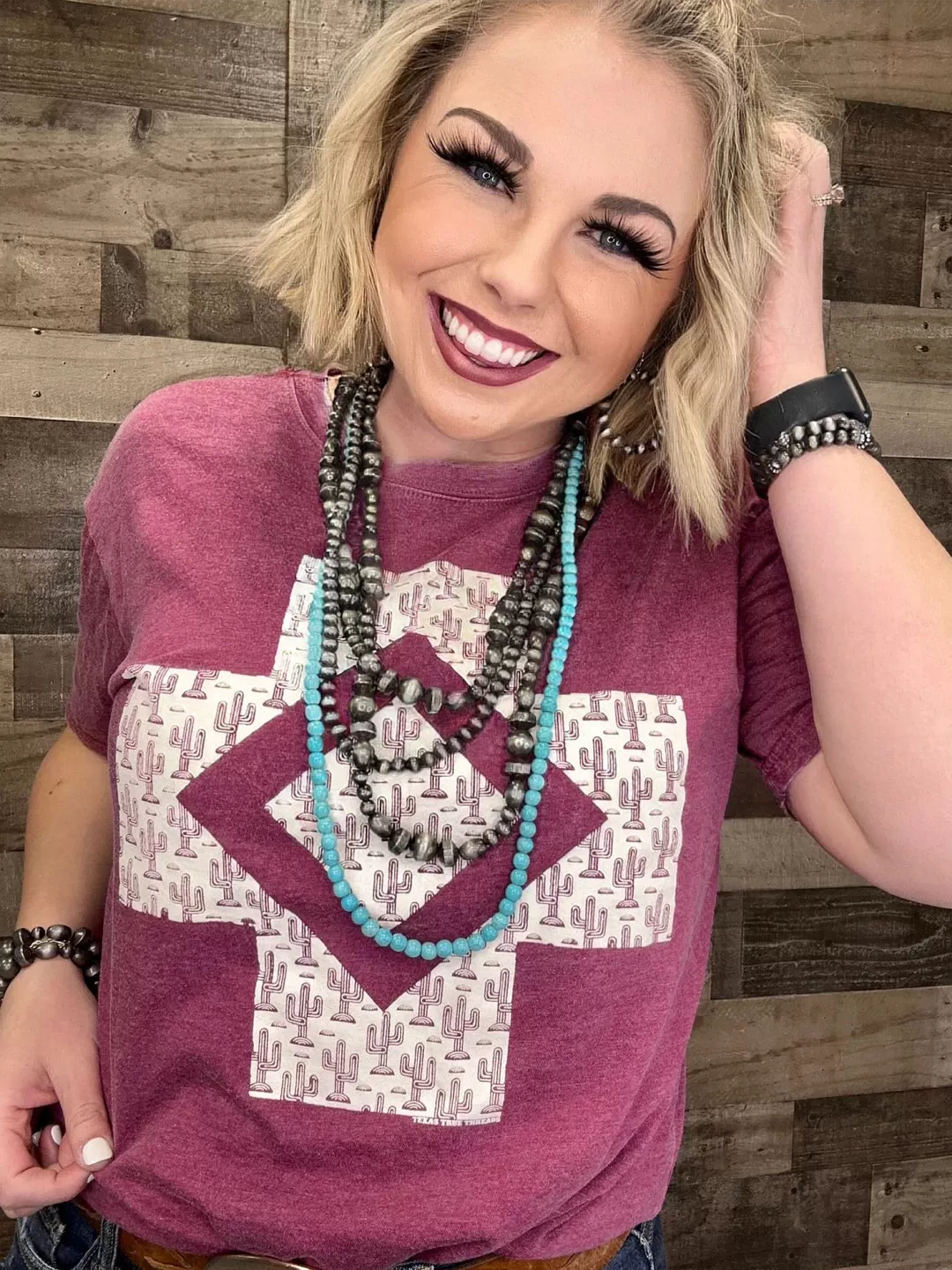 Kaci Cactus Cross Maroon Tee