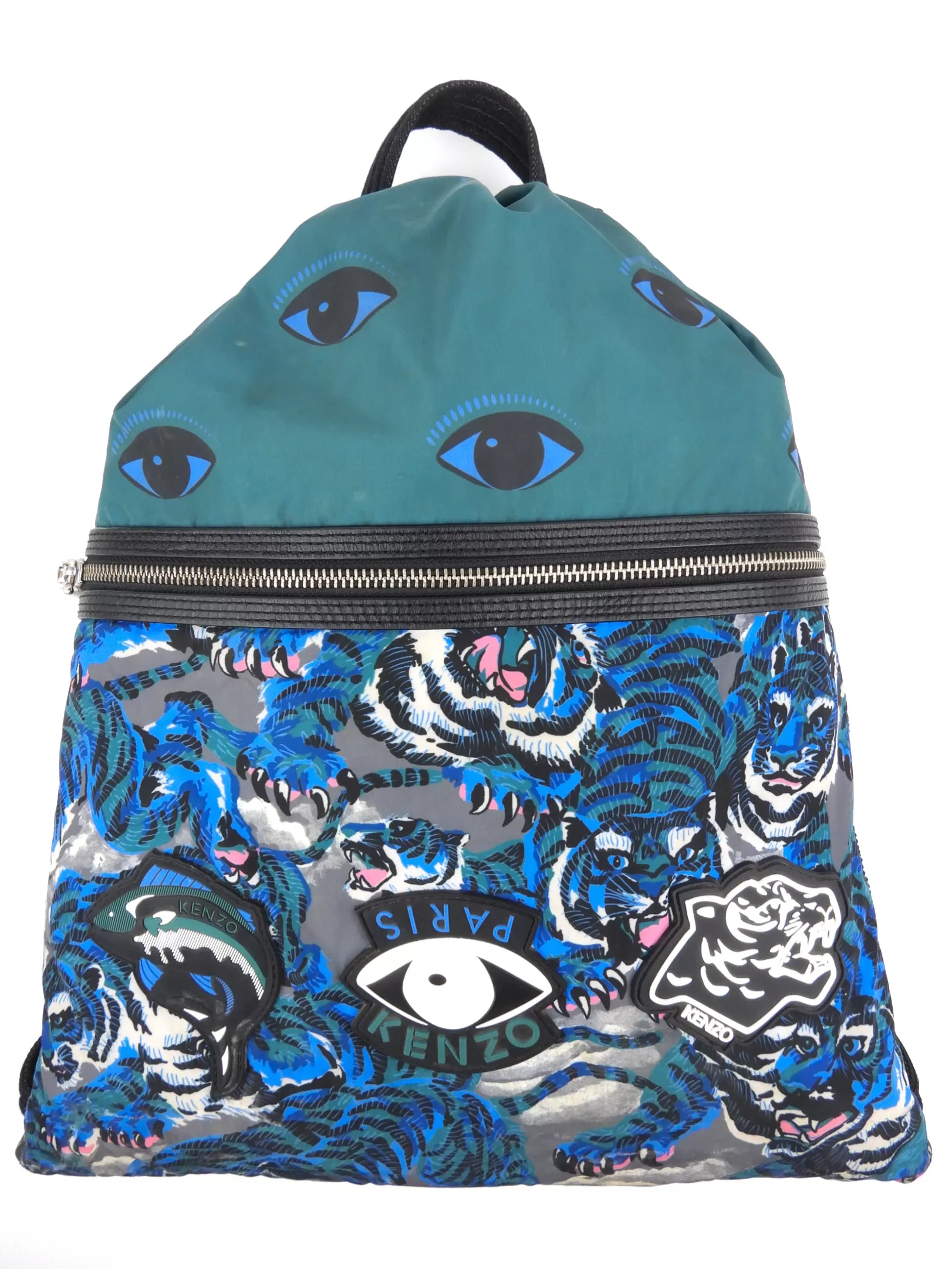 Kenzo Green and Blue Tiger Print Drawstring Backpack