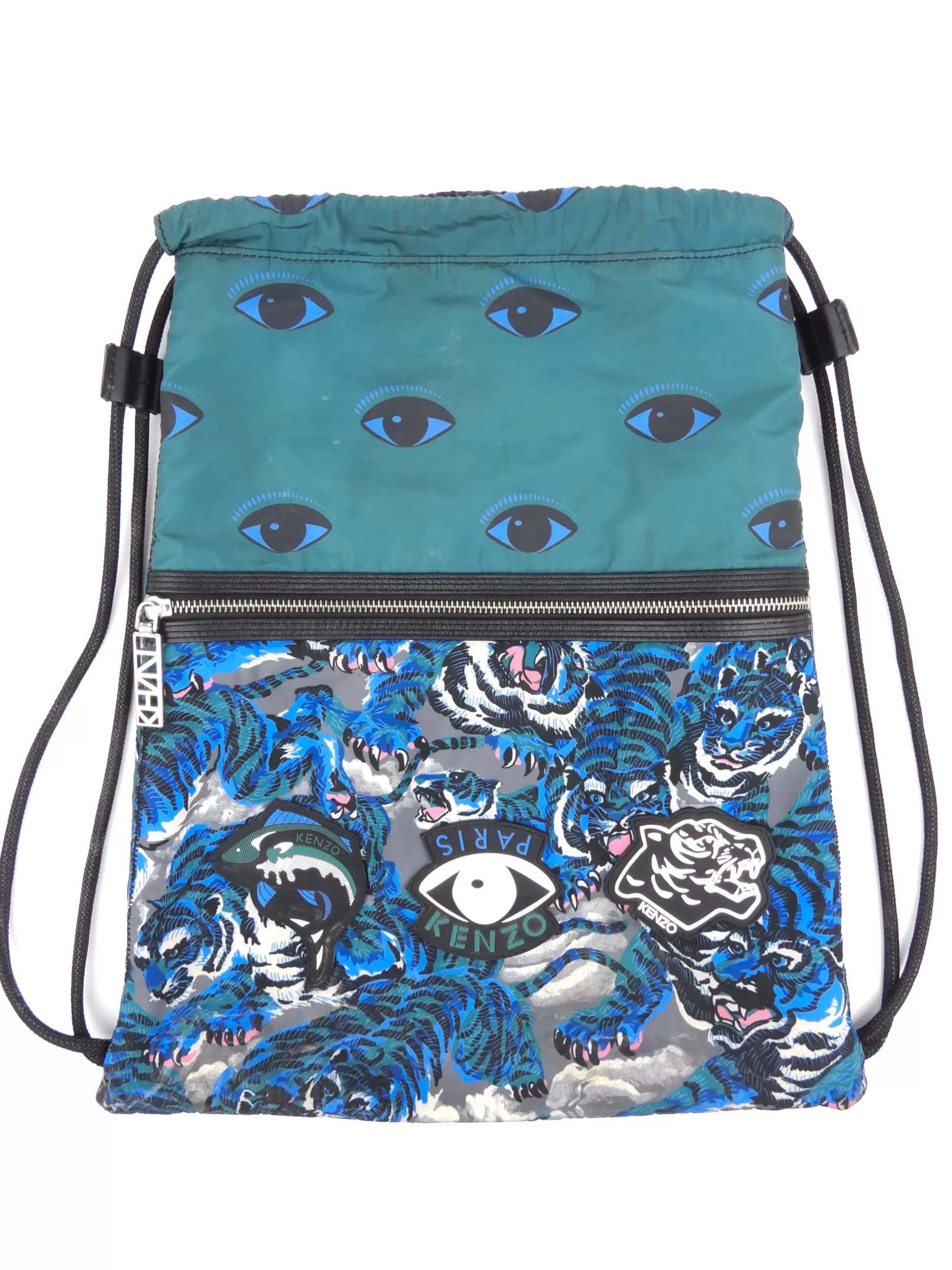 Kenzo Green and Blue Tiger Print Drawstring Backpack