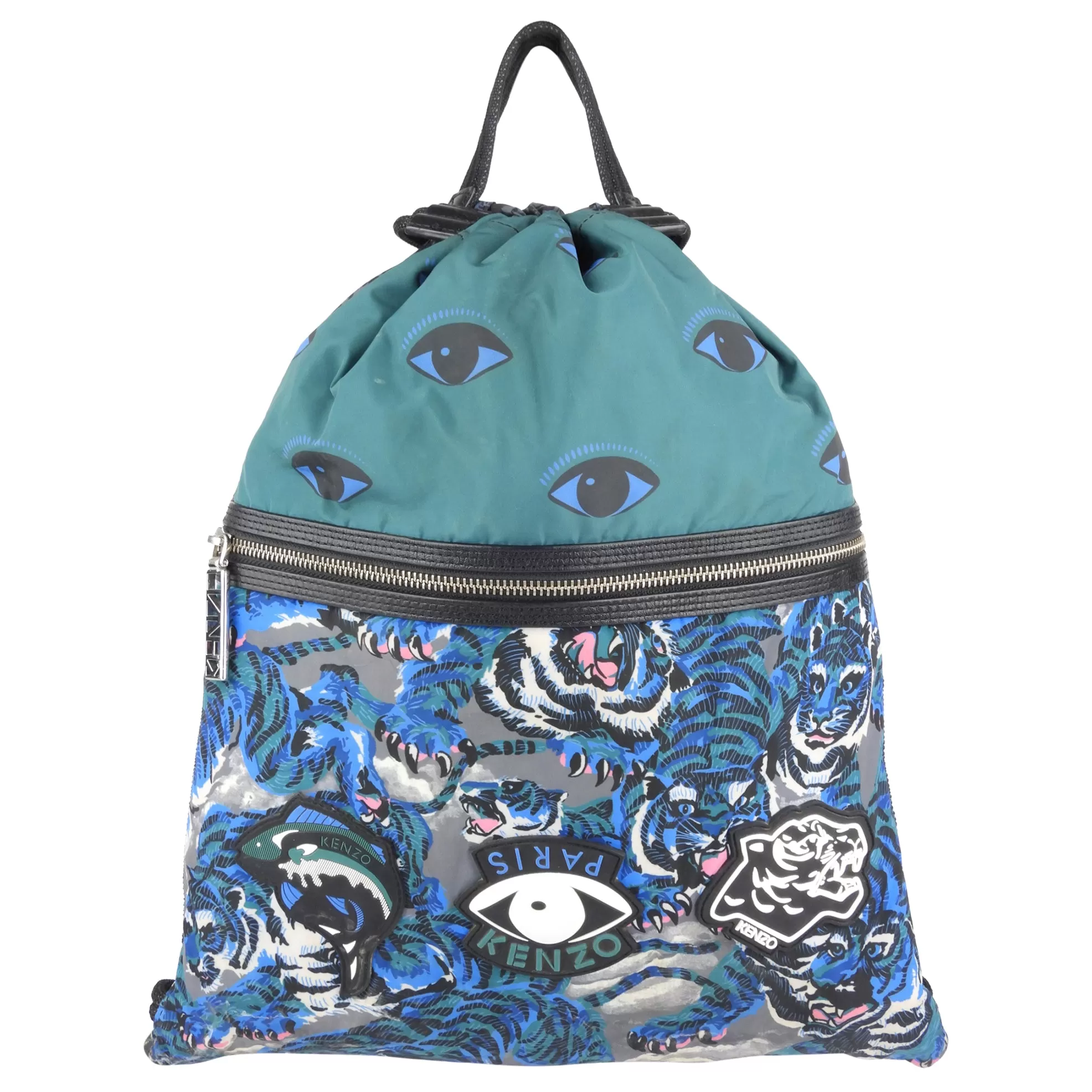 Kenzo Green and Blue Tiger Print Drawstring Backpack