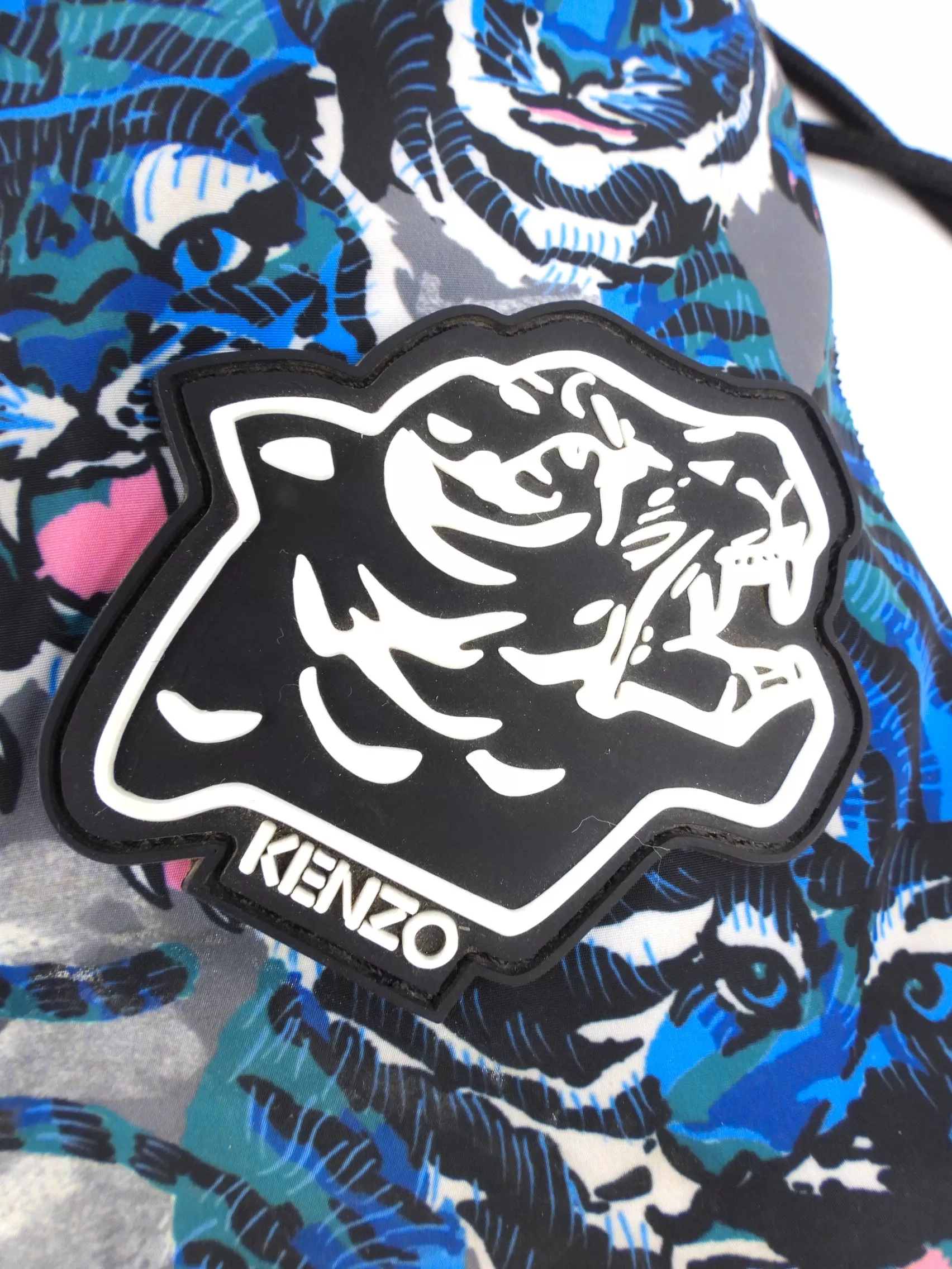 Kenzo Green and Blue Tiger Print Drawstring Backpack