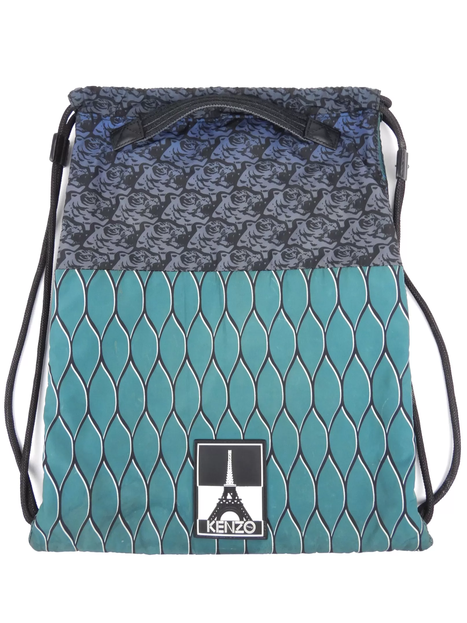 Kenzo Green and Blue Tiger Print Drawstring Backpack