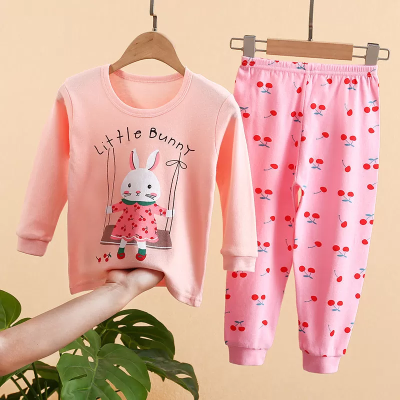 Kids Solid Color Cartoon Print Round Neck Long Sleeve Tops Trousers Set Loungewear