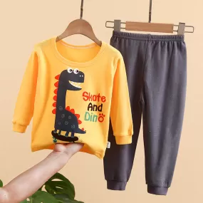 Kids Solid Color Cartoon Print Round Neck Long Sleeve Tops Trousers Set Loungewear