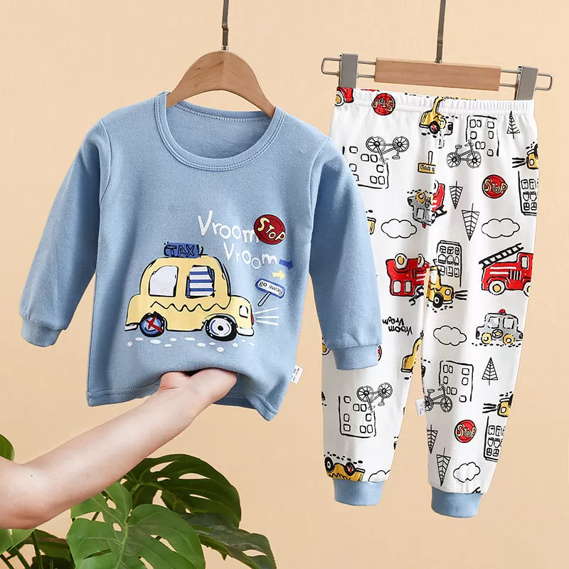 Kids Solid Color Cartoon Print Round Neck Long Sleeve Tops Trousers Set Loungewear