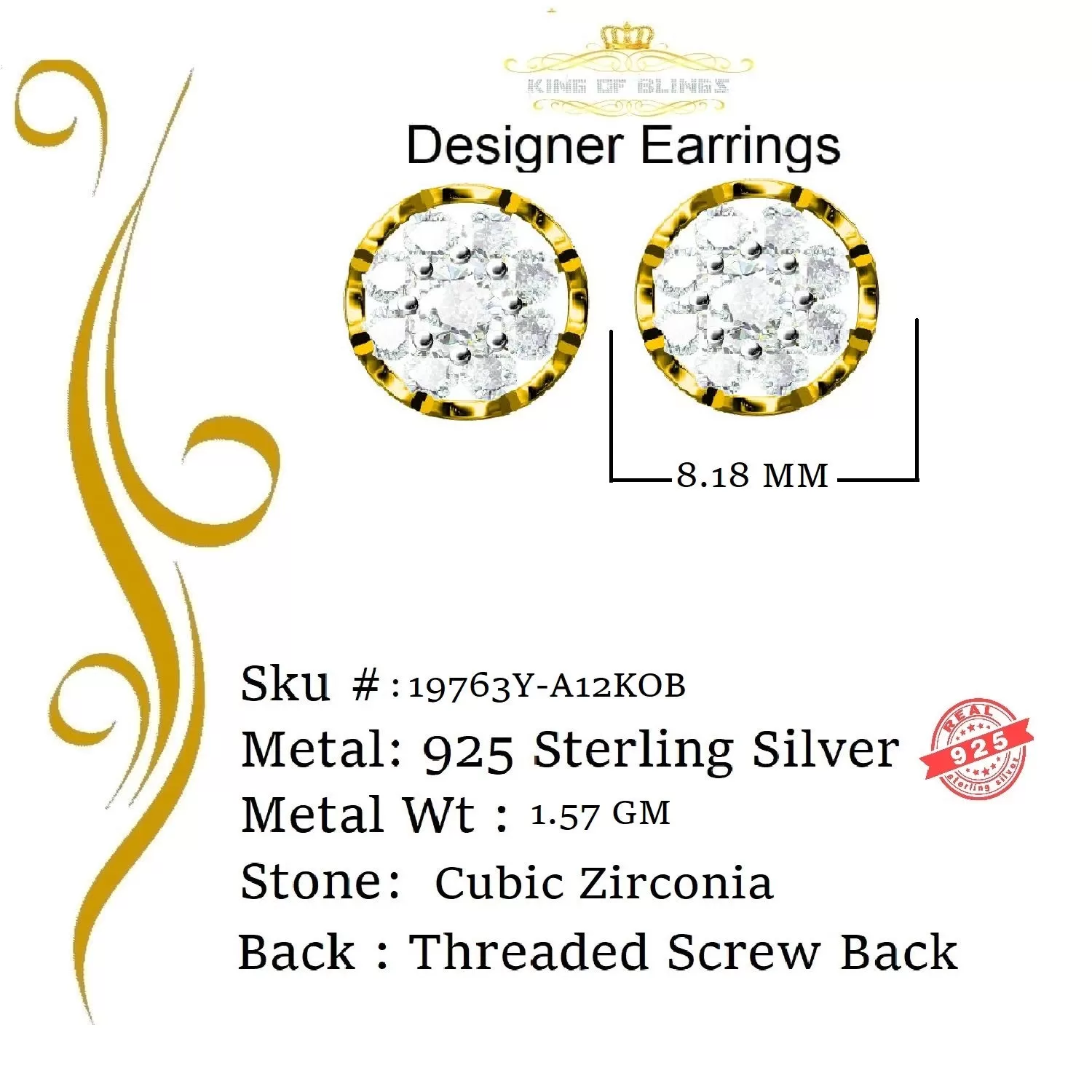 King of Bling's 925 Yellow Silver 1.34ct Cubic Zirconia Hip Hop Floral Women's & Men's Earrings