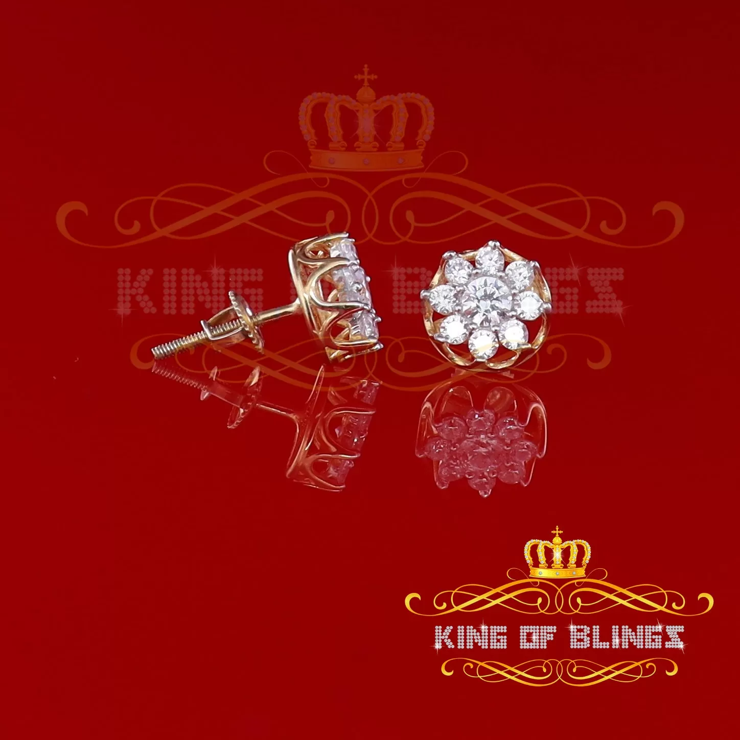 King of Bling's 925 Yellow Silver 1.34ct Cubic Zirconia Hip Hop Floral Women's & Men's Earrings