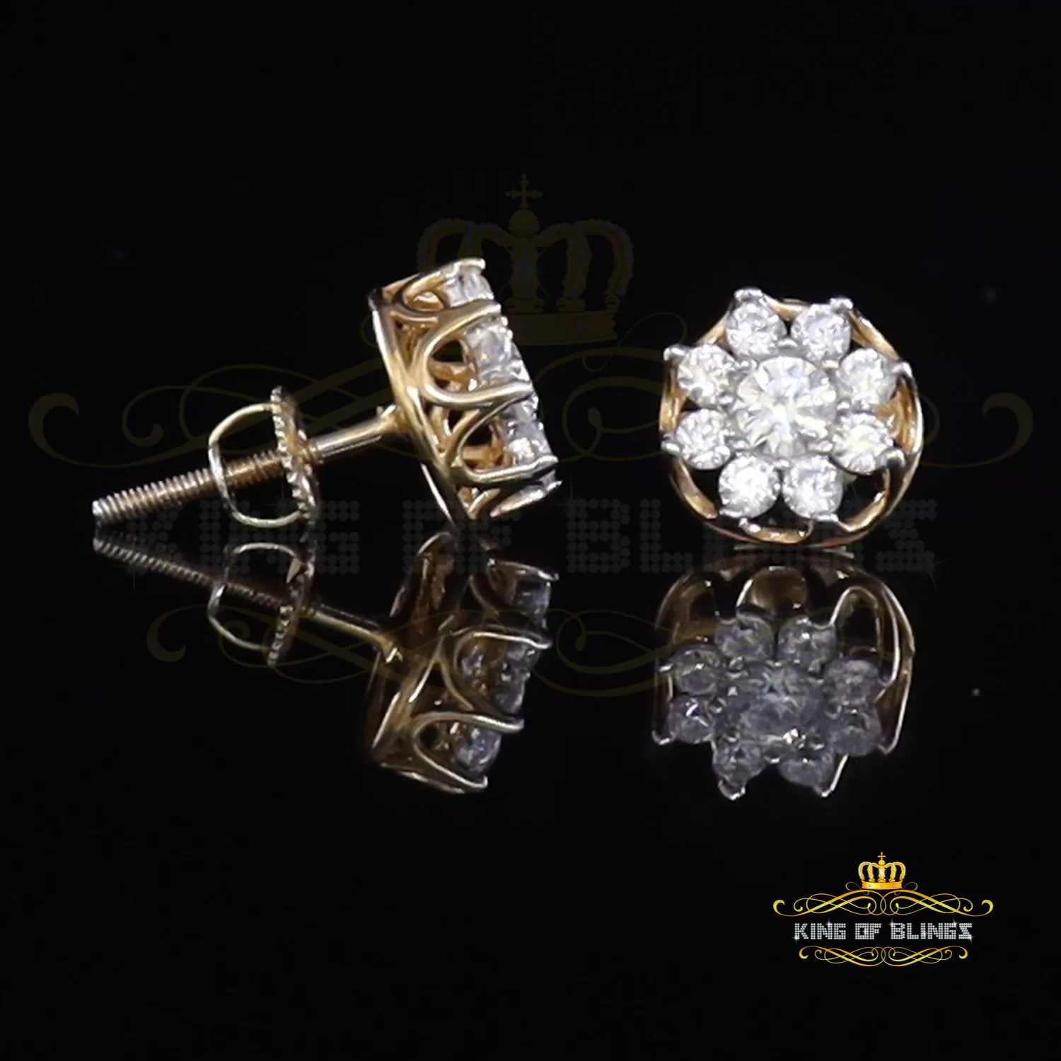 King of Bling's 925 Yellow Silver 1.34ct Cubic Zirconia Hip Hop Floral Women's & Men's Earrings