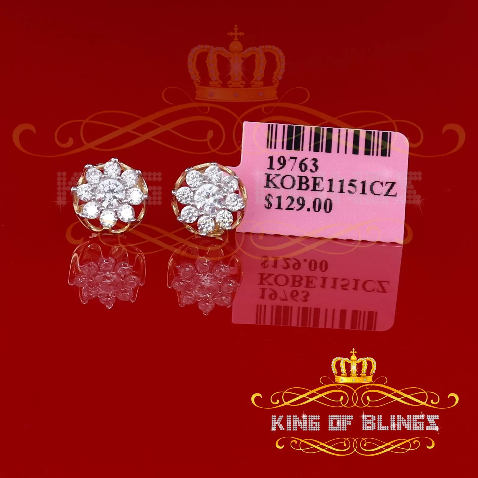 King of Bling's 925 Yellow Silver 1.34ct Cubic Zirconia Hip Hop Floral Women's & Men's Earrings