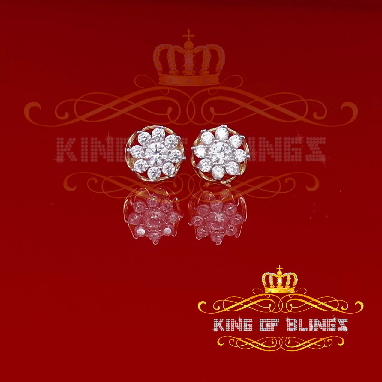 King of Bling's 925 Yellow Silver 1.34ct Cubic Zirconia Hip Hop Floral Women's & Men's Earrings