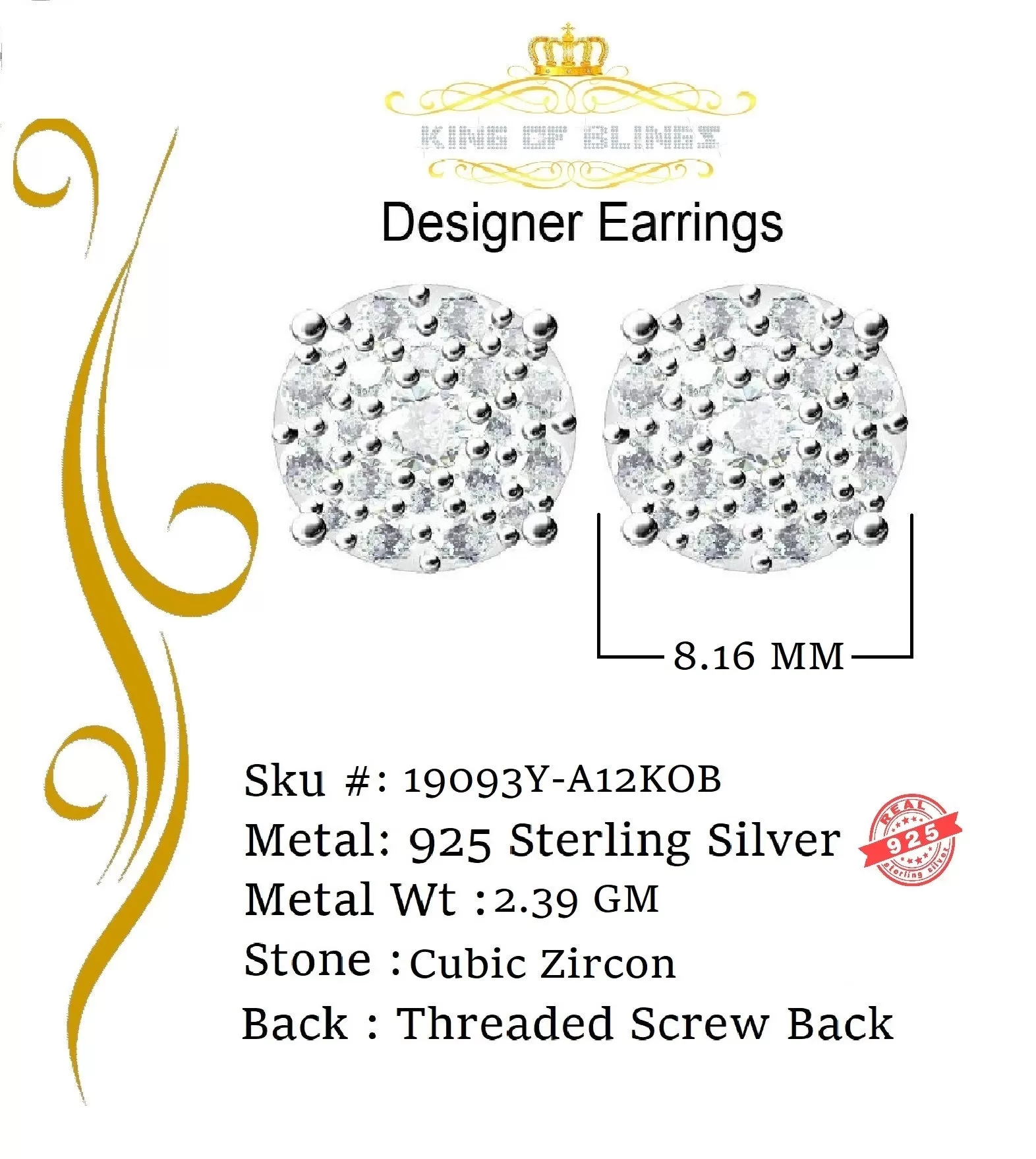 King of Bling's Aretes Para Hombre 925 Yellow Silver 1.22ct Cubic Zirconia Round Women's Earring