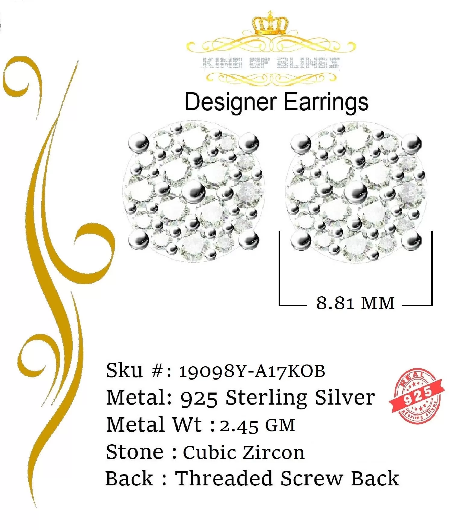 King of Bling's Aretes Para Hombre 925 Yellow Silver 2.0ct Cubic Zirconia Round Women's Earrings