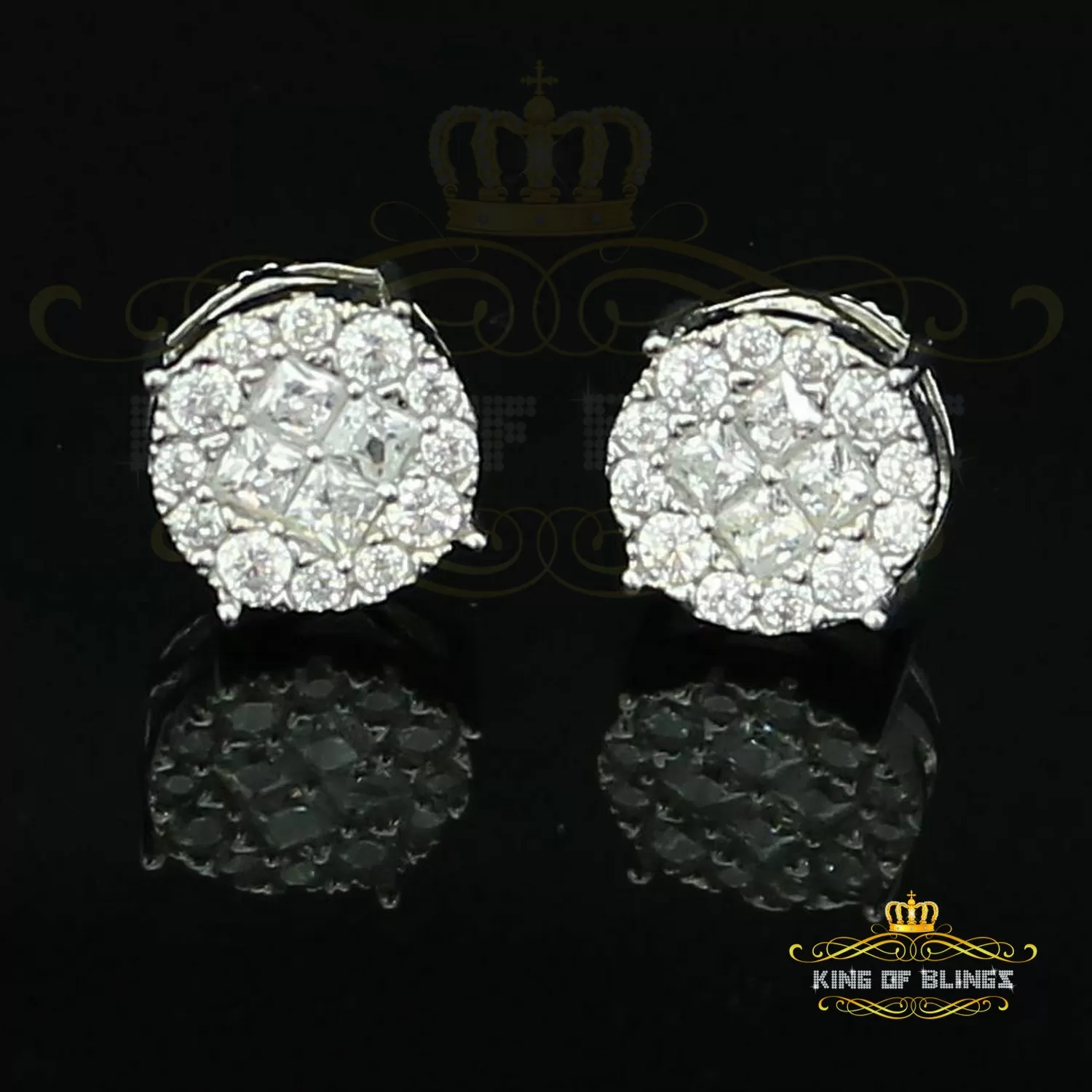 King of Blings- 925 White Silver Screw Back 1.44ct Cubic Zirconia Round Earrings For Ladies