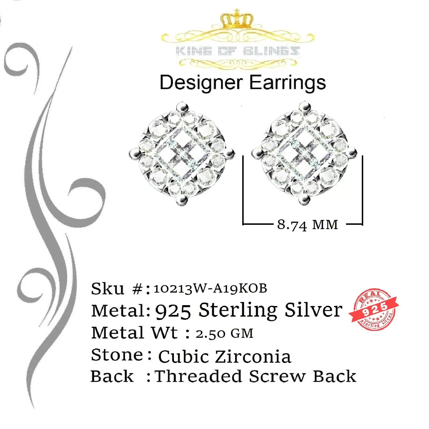 King of Blings- 925 White Silver Screw Back 1.44ct Cubic Zirconia Round Earrings For Ladies