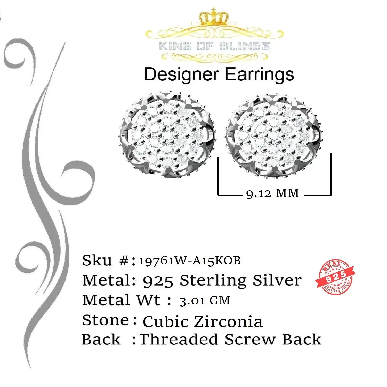 King of Blings- 925 White Sterling Silver 0.58ct Cubic Zirconia Women's Hip Hop Flower Earrings