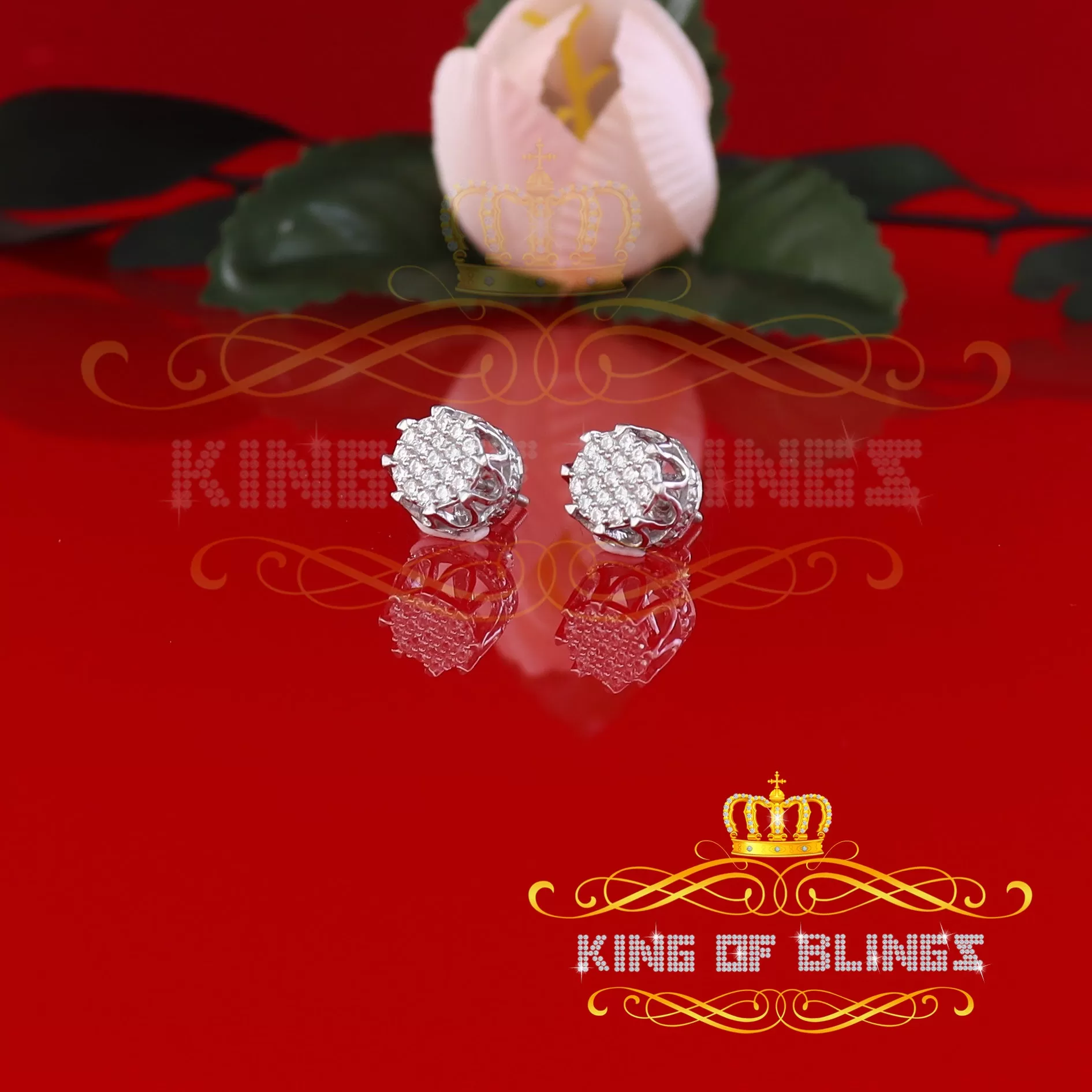 King of Blings- 925 White Sterling Silver 0.58ct Cubic Zirconia Women's Hip Hop Flower Earrings