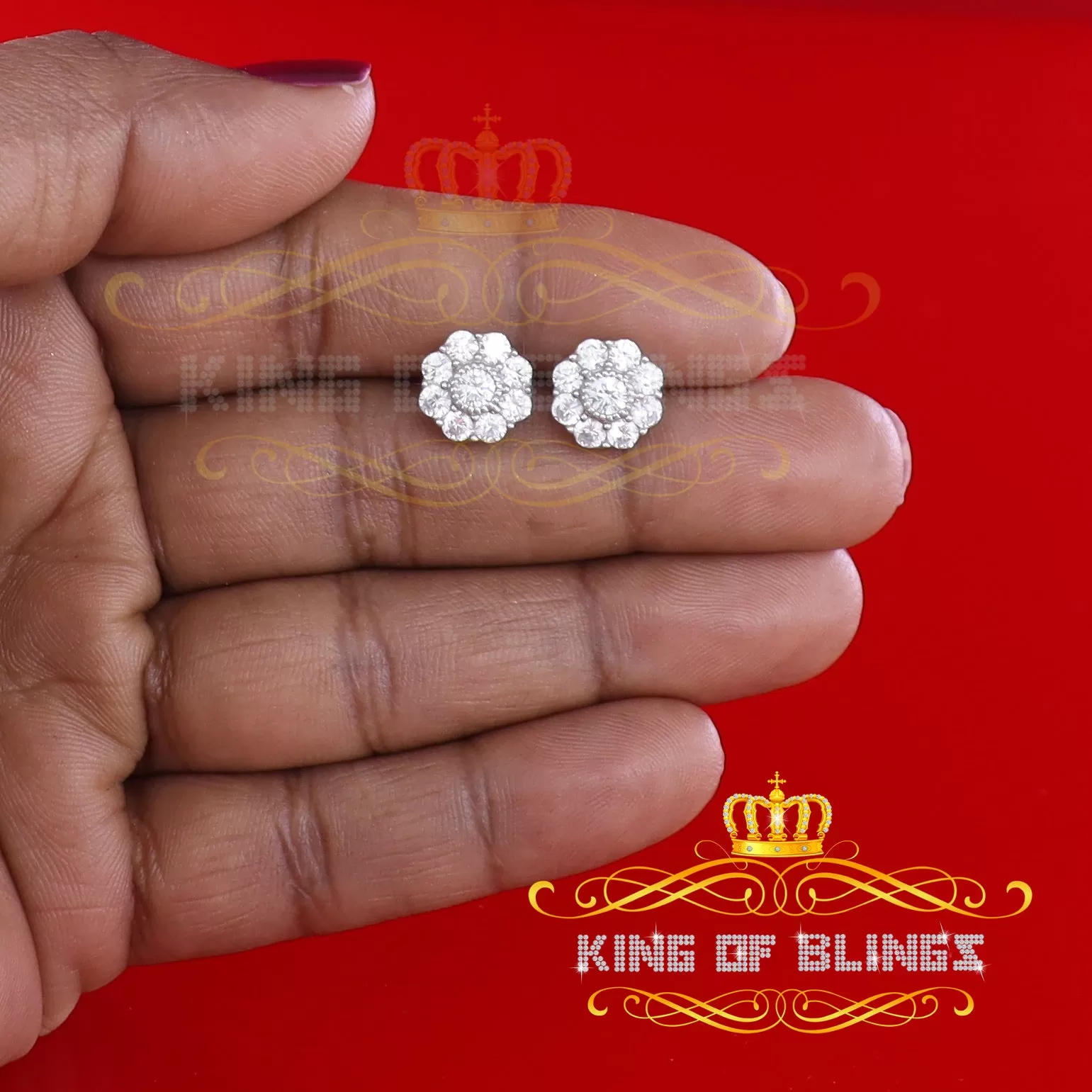 King of Blings- 925 White Sterling Silver 2.88ct Cubic Zirconia Women's Hip Hop Floral Earrings