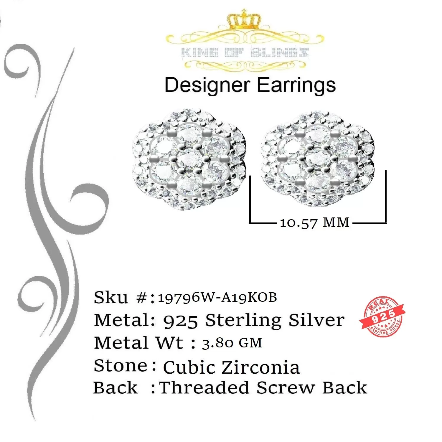 King of Blings- Aretes Para Hombre 925 White Silver 2.7ct Cubic Zirconia Flower Women's Earrings