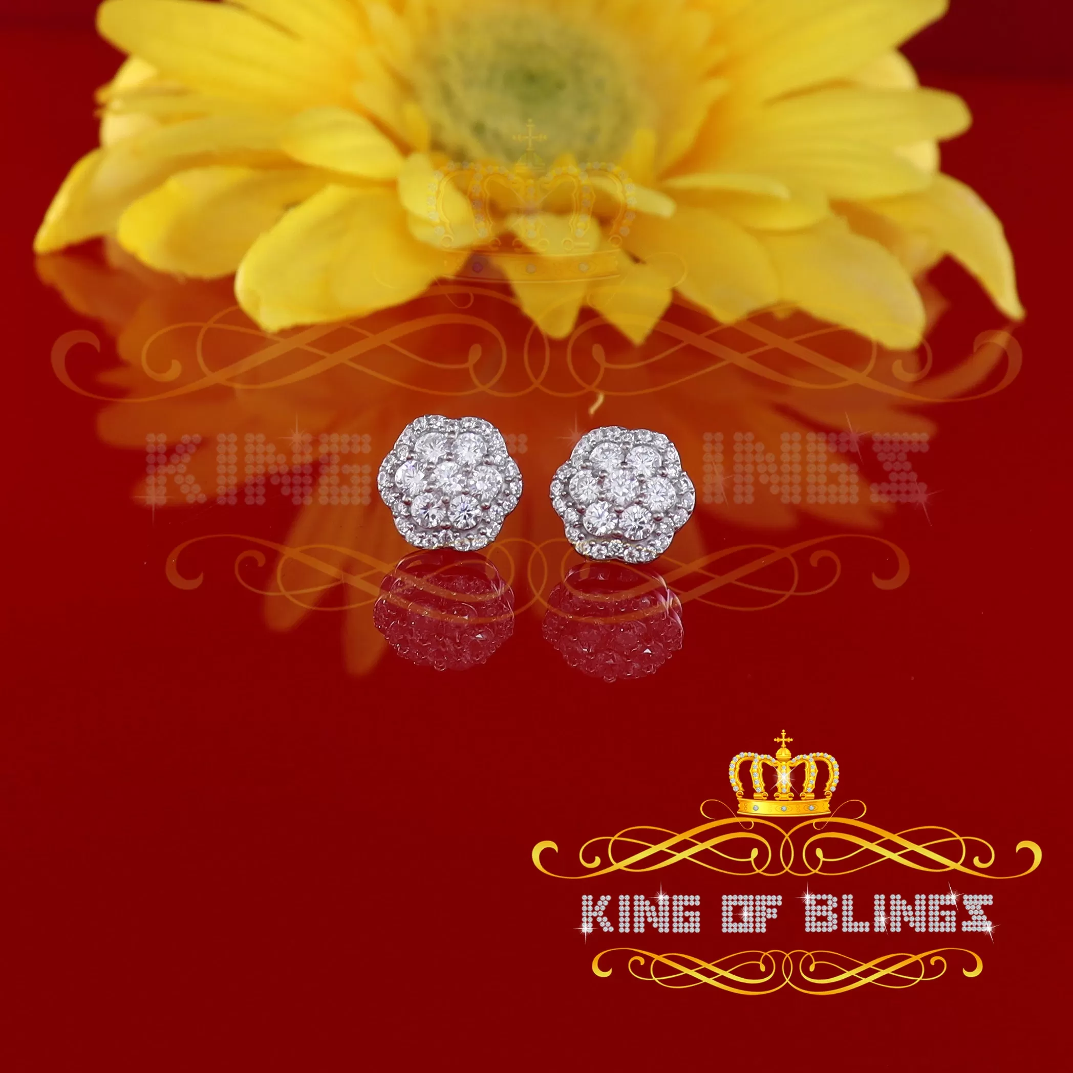 King of Blings- Aretes Para Hombre 925 White Silver 2.7ct Cubic Zirconia Flower Women's Earrings